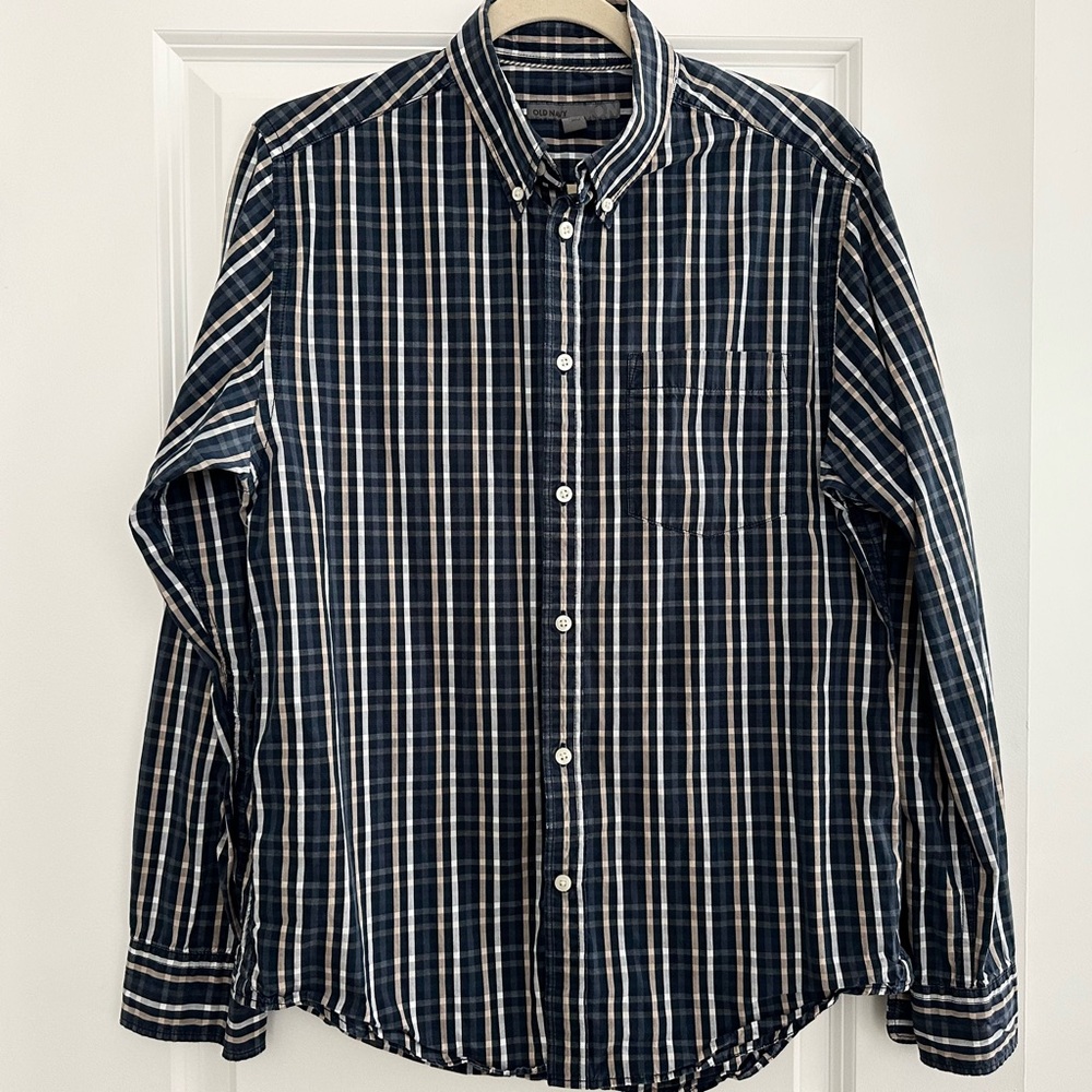 Checkered Plaid Navy Blue, Tan & White Long Sleeve Button Down Dress Shirt